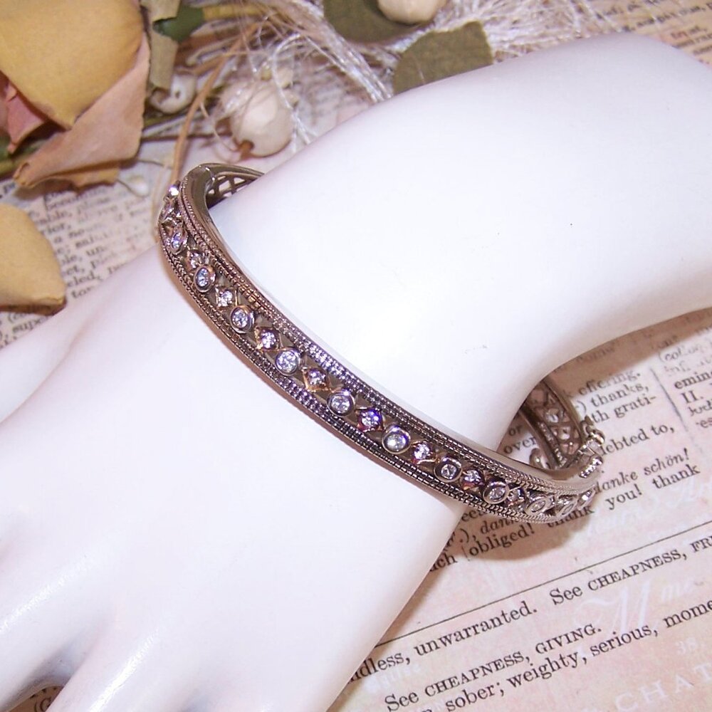 Vintage ADI Thailand Sterling Silver Cubic Zirconia CZ Hinged Bangle Bracelet